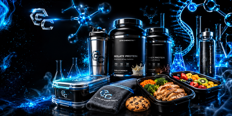 Fuel Lab™ Premium Collection - Gym Chemistry protein supplements, shaker, towel and meal prep