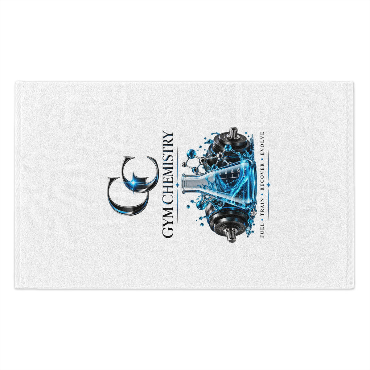 Gym Chemistry rally towel — close-up of beaker and dumbbell workout graphic