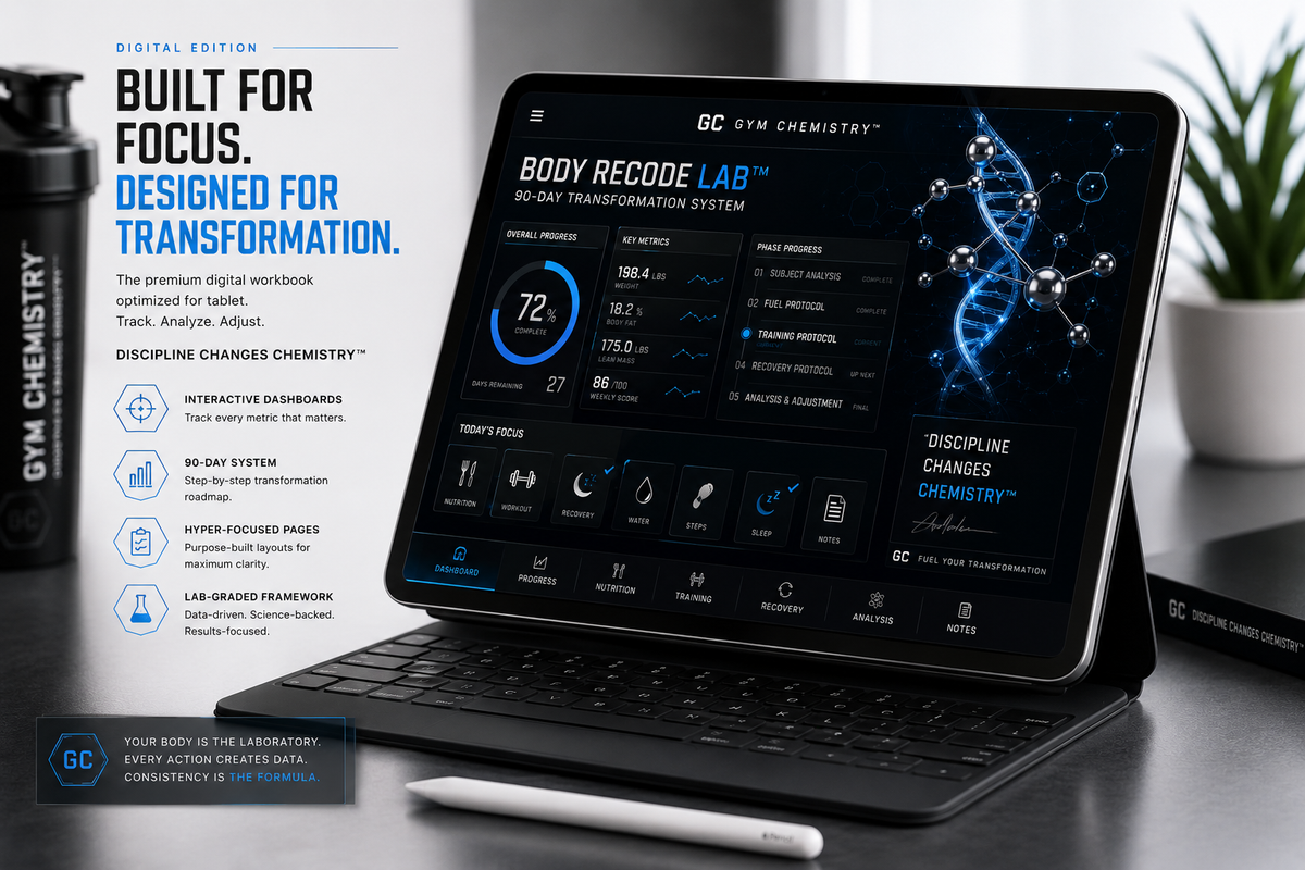 Body Recode Lab™ interactive dashboard on tablet — track nutrition, training, recovery and progress — Gym Chemistry™