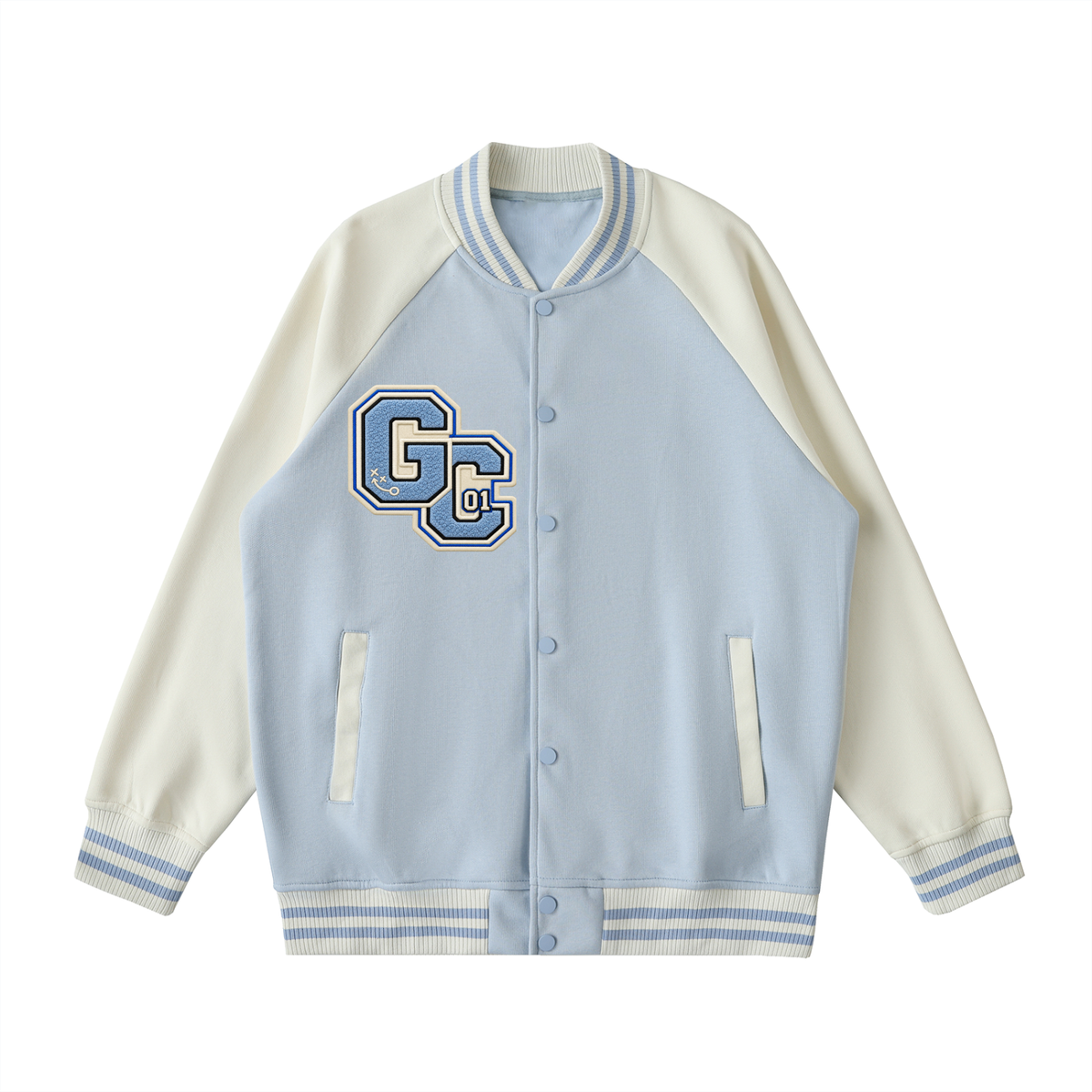 A Vibe™ Raglan Varsity Jacket — Light Blue & Apricot | Gym Chemistry product photo