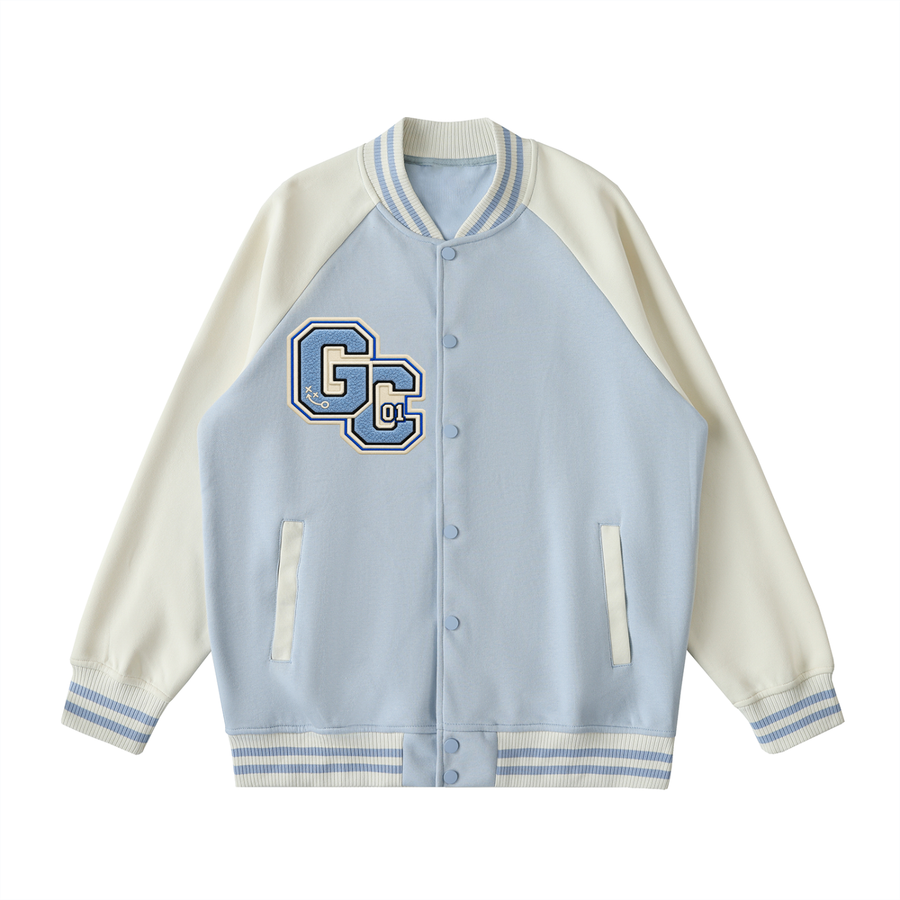 A Vibe™ Raglan Varsity Jacket — Light Blue & Apricot