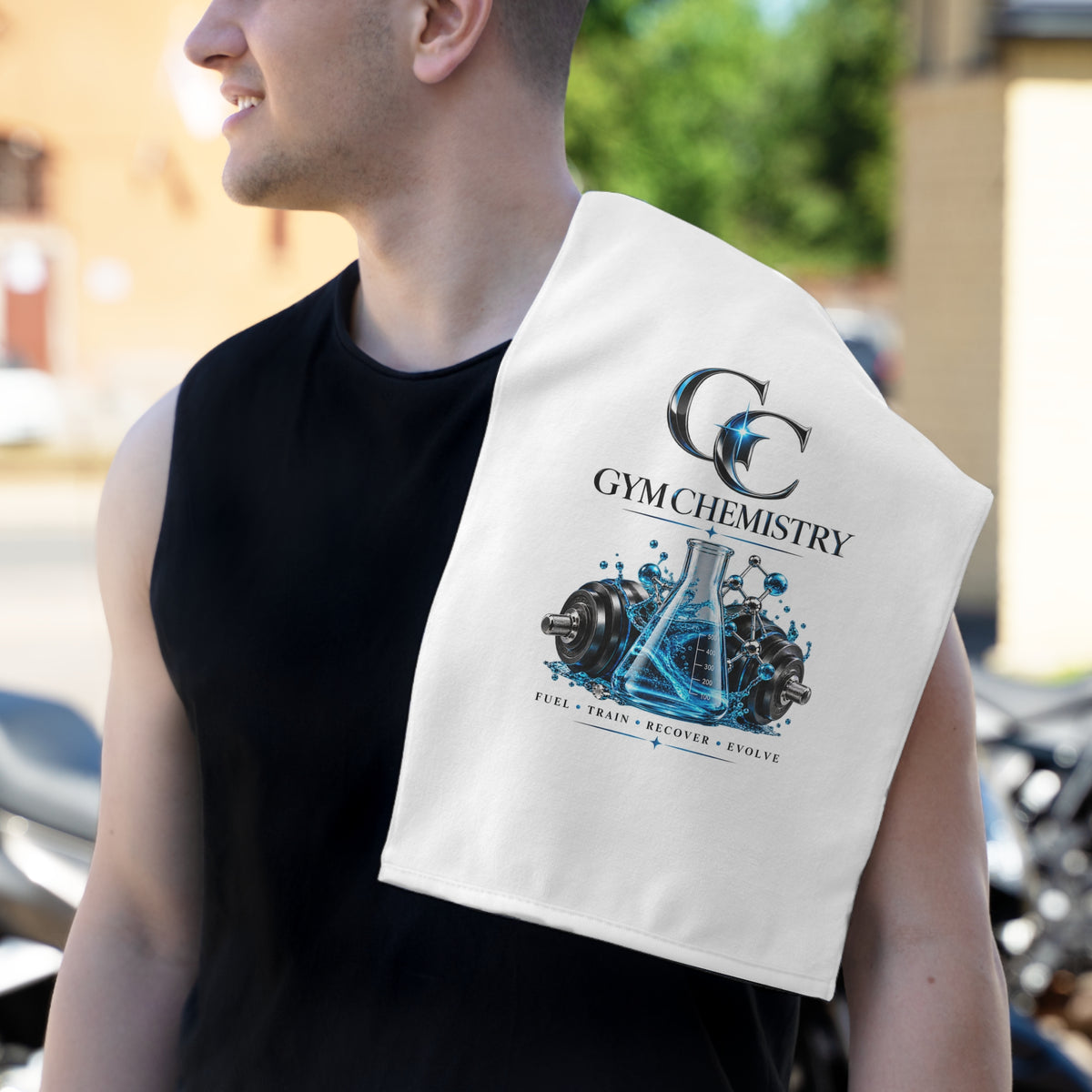 Gym Chemistry training towel with beaker and dumbbell design — detail view