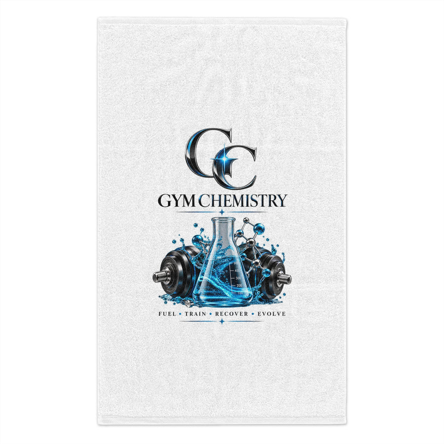 Gym Chemistry Rally Towel – 11x18 Workout Towel with Beaker & Dumbbell Design