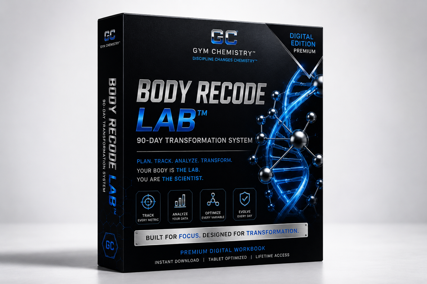 Body Recode Lab™ premium digital edition 3D product box — Gym Chemistry™ 90-Day Transformation System