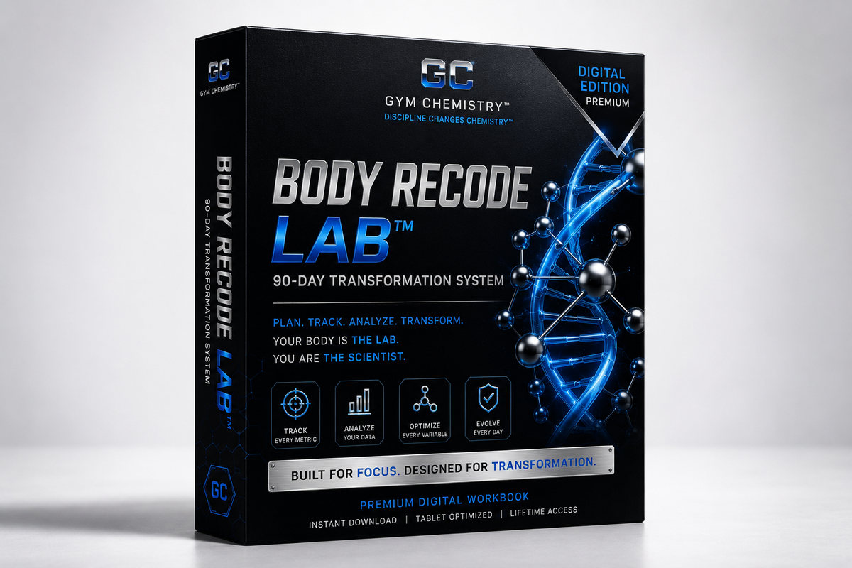 Body Recode Lab™ premium digital edition 3D product box — Gym Chemistry™ 90-Day Transformation System