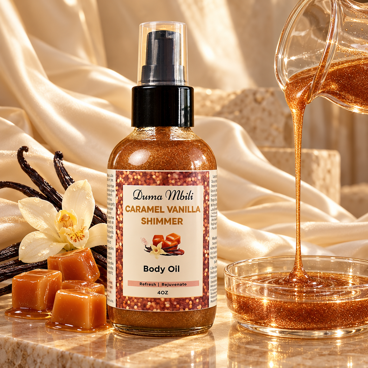 Product photo: Caramel Vanilla Shimmer Body Oil | GC Retreat Edit
