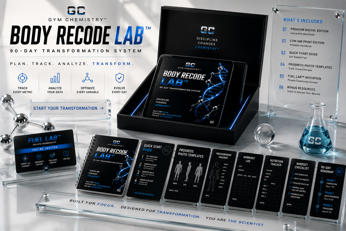 Body Recode Lab™ full bundle flat lay — all components of the 90-Day Transformation System — Gym Chemistry™