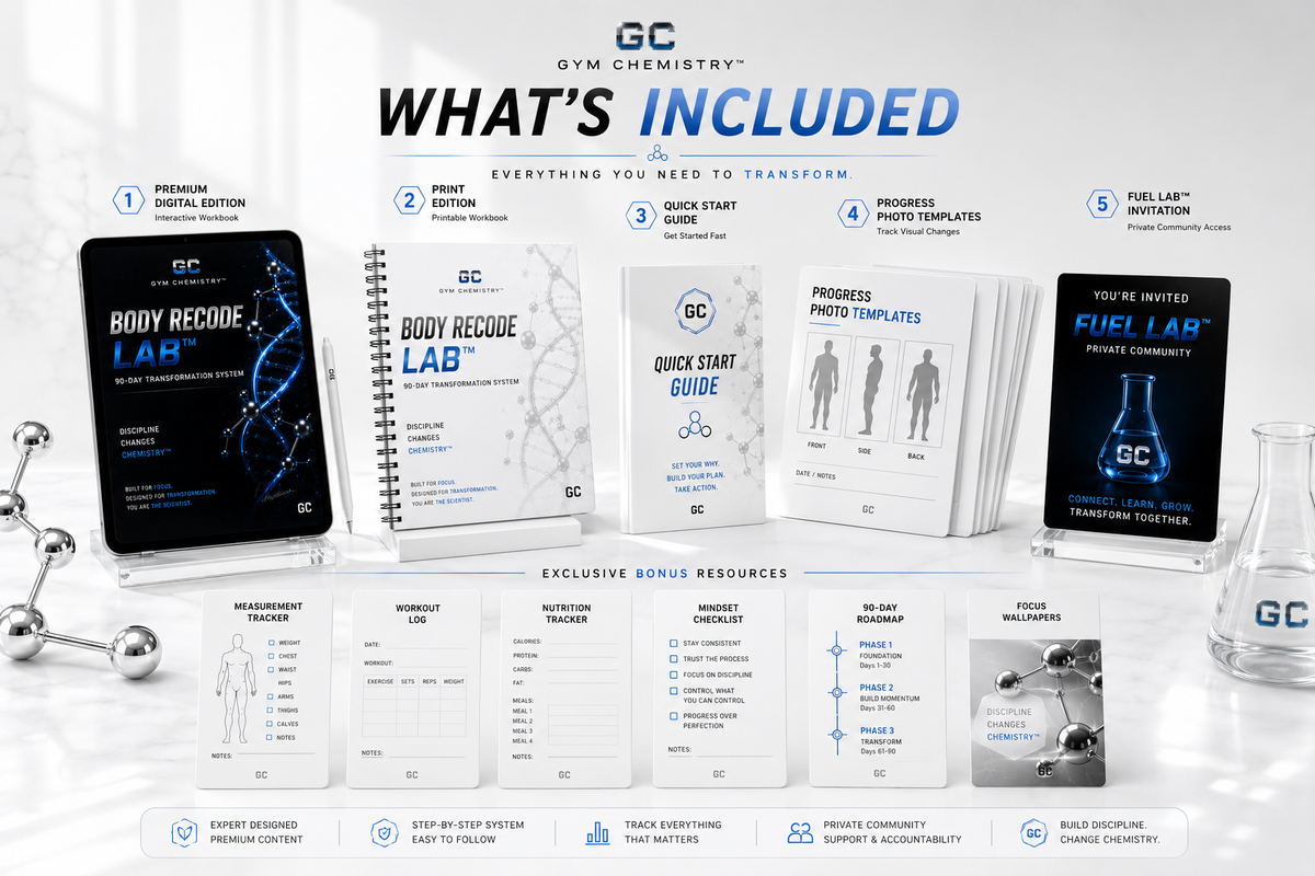 Body Recode Lab™ what's included — digital edition, print edition, quick start guide, progress photo templates, Fuel Lab™ invitation — Gym Chemistry™